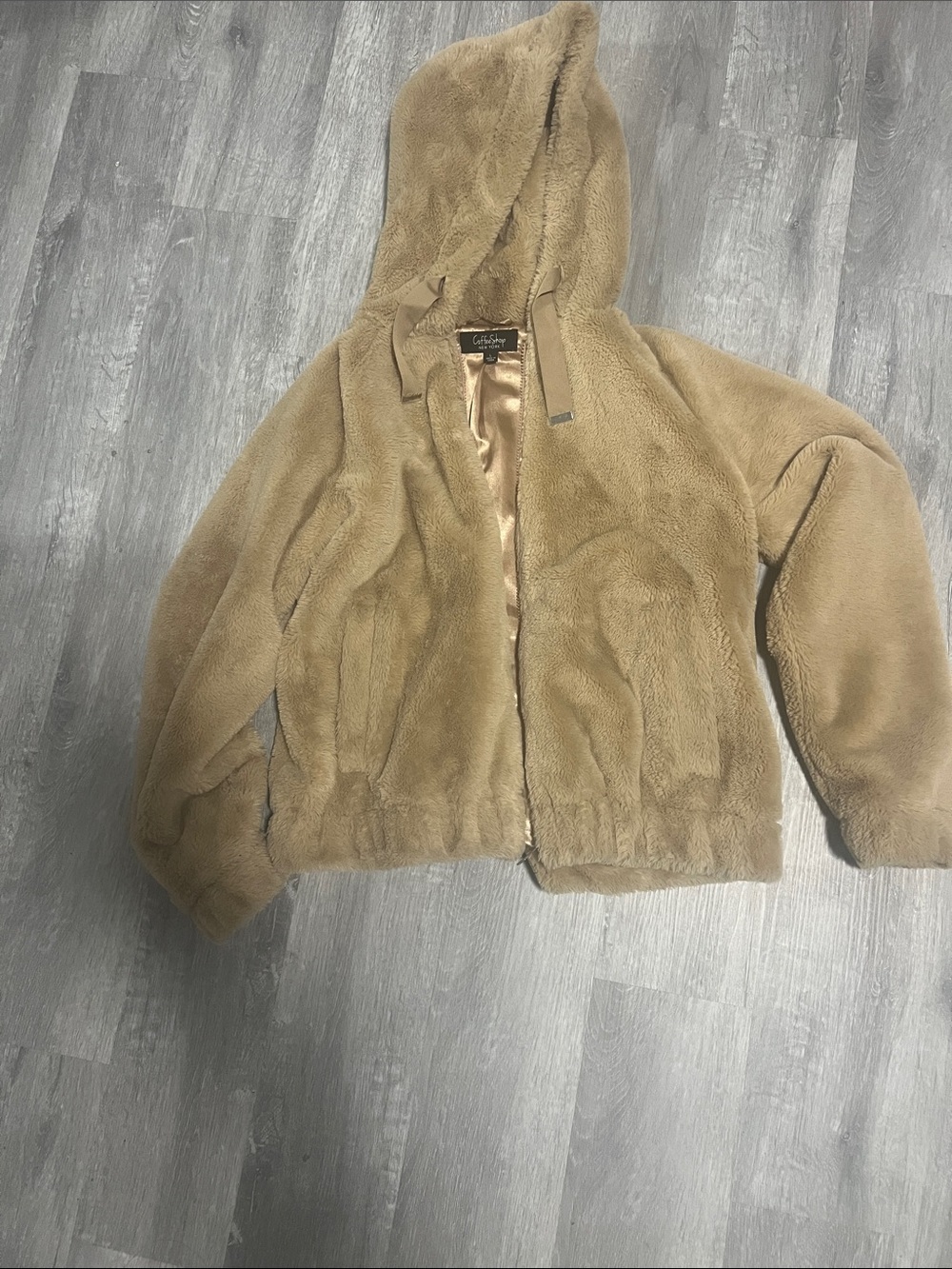 CoffeeShop Hooded Faux Fur Puffer Jacket in Camel
